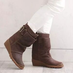 New‎ Sorel Toronto Mid Wedge Bootie Leather Brass Buckle  -Brown size 9